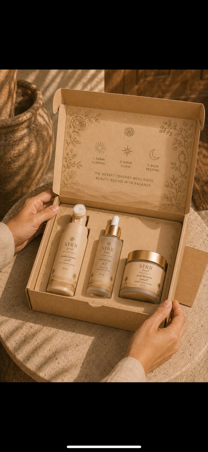 A first look inside the SIRR Desert Skin ritual box, with Dawn Cleanse, Noor Elixir, and Dusk Restore